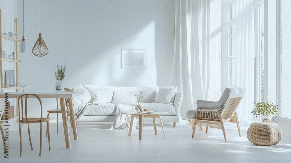 Fototapeta premium Light birch table in a Nordic-style living room with minimalist white decor.