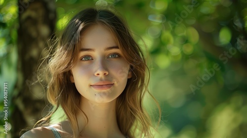 Forest Nymph: Portrait of a Beautiful Young Woman Amidst a Lush Green Background