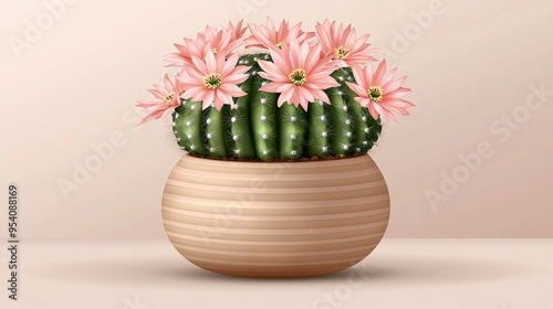  Pink cactus and daisies on light pink backdrop in striped vase