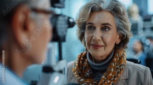 Senior Woman Undergoing Ophthalmology Exam by Professional Optometrist in Modern Clinic photo