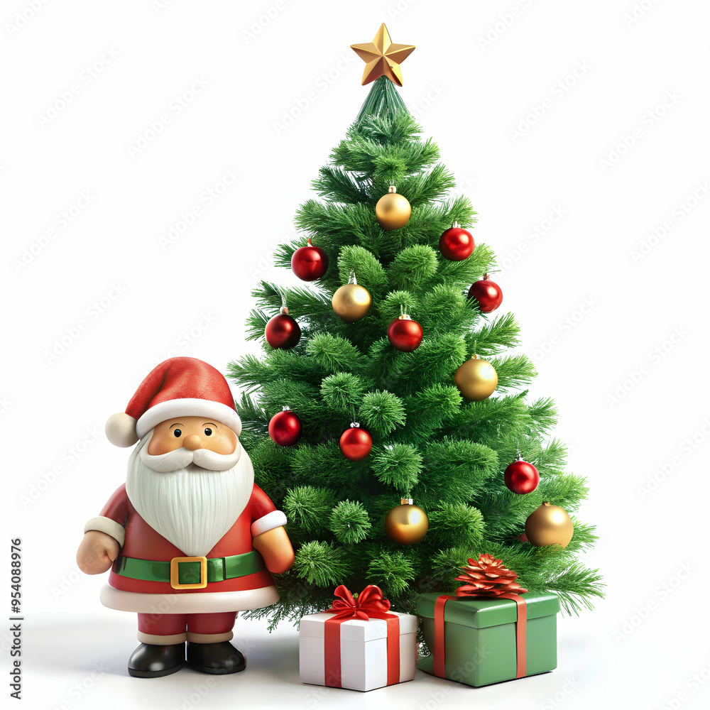 Obraz premium Christmas tree under give box small Santa