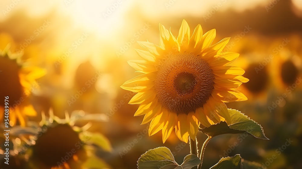 Fototapeta premium Beautiful sunflower close-up in a field in the rays