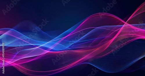 A vibrant abstract design featuring flowing waves in pink and blue hues against a dark background.