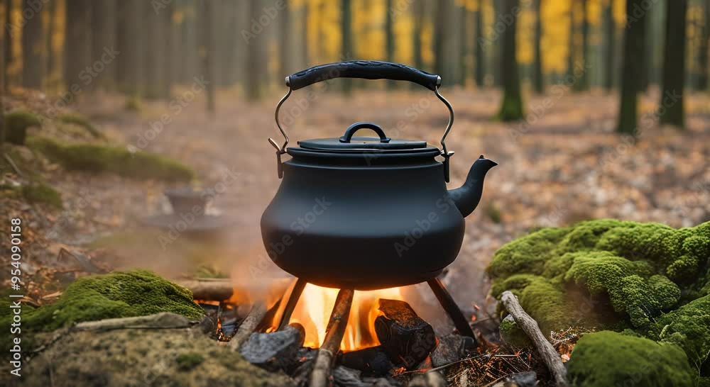 Kettle on campfire background A large black kettle on a forest camping stove Bonfire at night adventure or travel concept 4k animation Kettle on campfire background A large black kettle on a forest camping stove Bonfire at night adventure or travel concept 4k animation