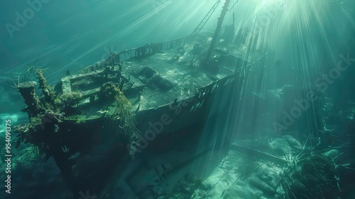 Sunbeams illuminate the submerged bow of a shipwreck covered in marine growth, offering a glimpse into a ghostly underwater world.