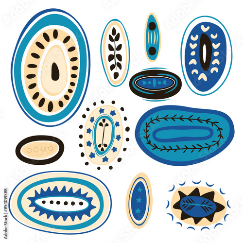 Vector set of abstract stylised ovals with geometric decoration in blue and beige colours on white background