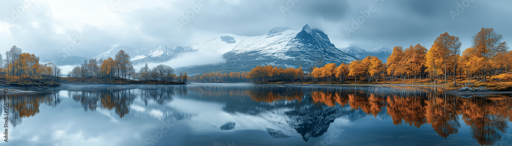 Panorama of autumn lake with reflection of mountains and clouds in water. Panorama of autumn lake with reflection of mountains and clouds in water.