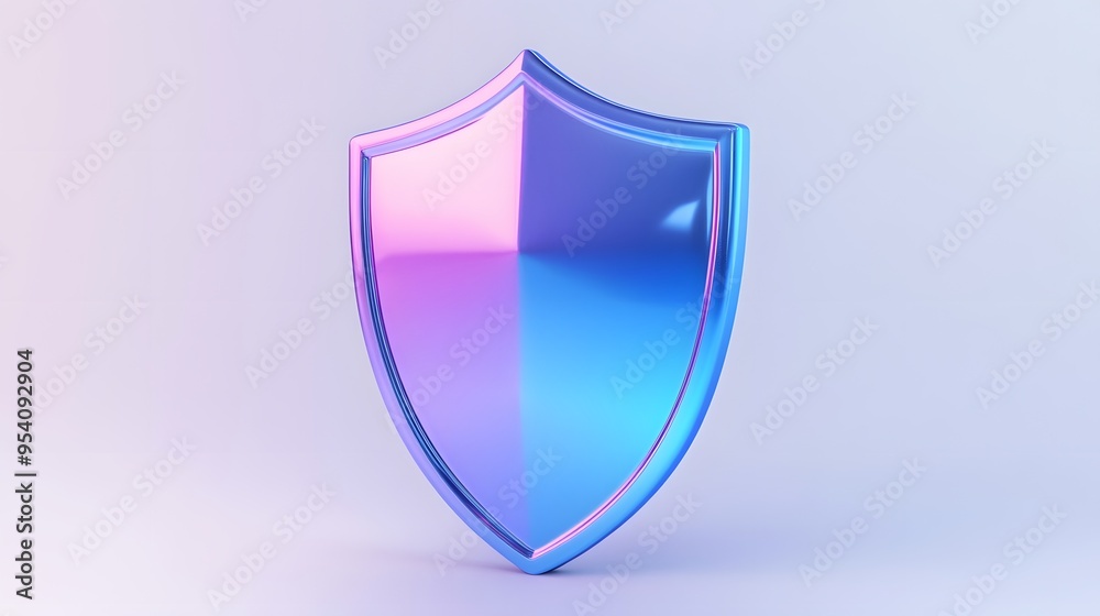 Shield depicting protection. shield 3d icon. Protection, defense and security concept symbol: blue and purple shield on isolated on white background Shield depicting protection. shield 3d icon. Protection, defense and security concept symbol: blue and purple shield on isolated on white background