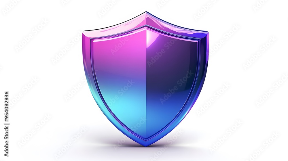 Shield depicting protection. shield 3d icon. Protection, defense and security concept symbol: blue and purple shield on isolated on white background Shield depicting protection. shield 3d icon. Protection, defense and security concept symbol: blue and purple shield on isolated on white background