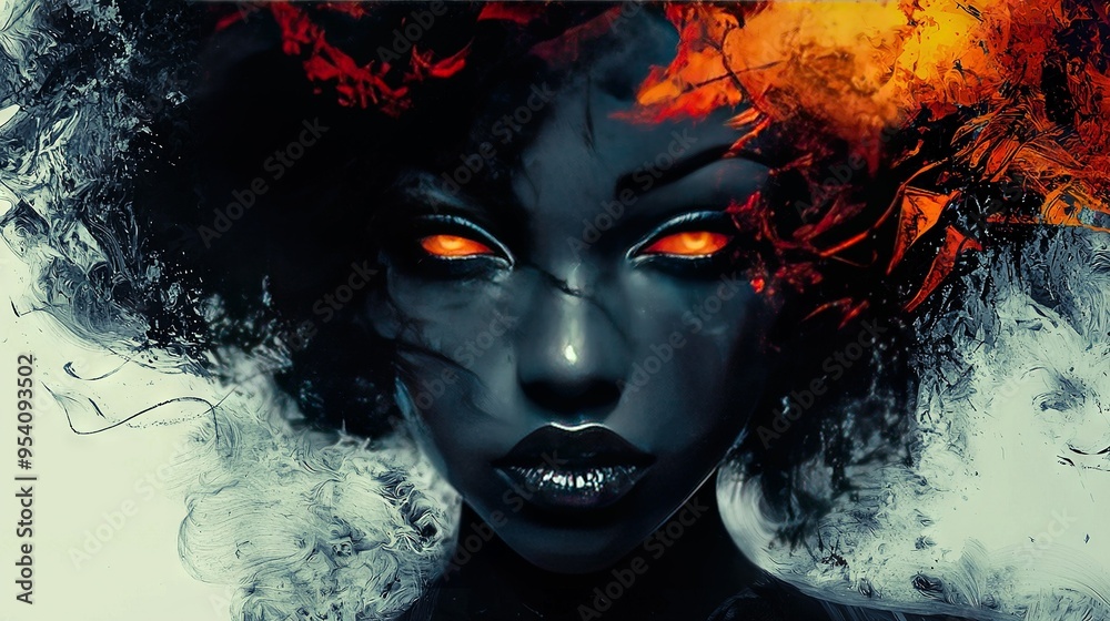 Φωτογραφία Red-eyed woman with black hair and fiery flames emanating from her face in a p