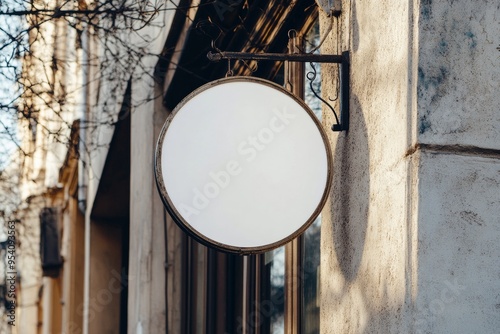 Empty white circular iron shop sign on wall of downtown cafe / bookstore in hipster area - storefront identity - urban retail space - mockup design