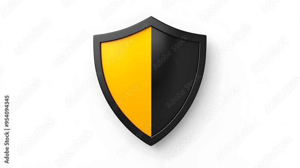 Shield depicting protection. shield 3d icon. Protection, defense and security concept symbol: yellow and black shield on isolated on white background