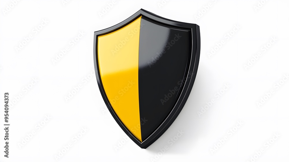 Shield depicting protection. shield 3d icon. Protection, defense and security concept symbol: yellow and black shield on isolated on white background Shield depicting protection. shield 3d icon. Protection, defense and security concept symbol: yellow and black shield on isolated on white background
