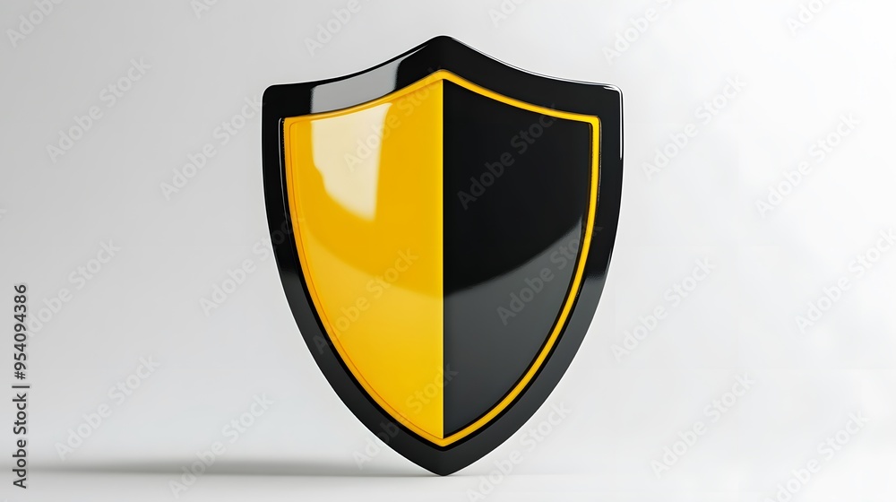 Fototapeta premium Shield depicting protection. shield 3d icon. Protection, defense and security concept symbol: yellow and black shield on isolated on white background