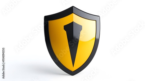 Shield depicting protection. shield 3d icon. Protection, defense and security concept symbol: yellow and black shield on isolated on white background