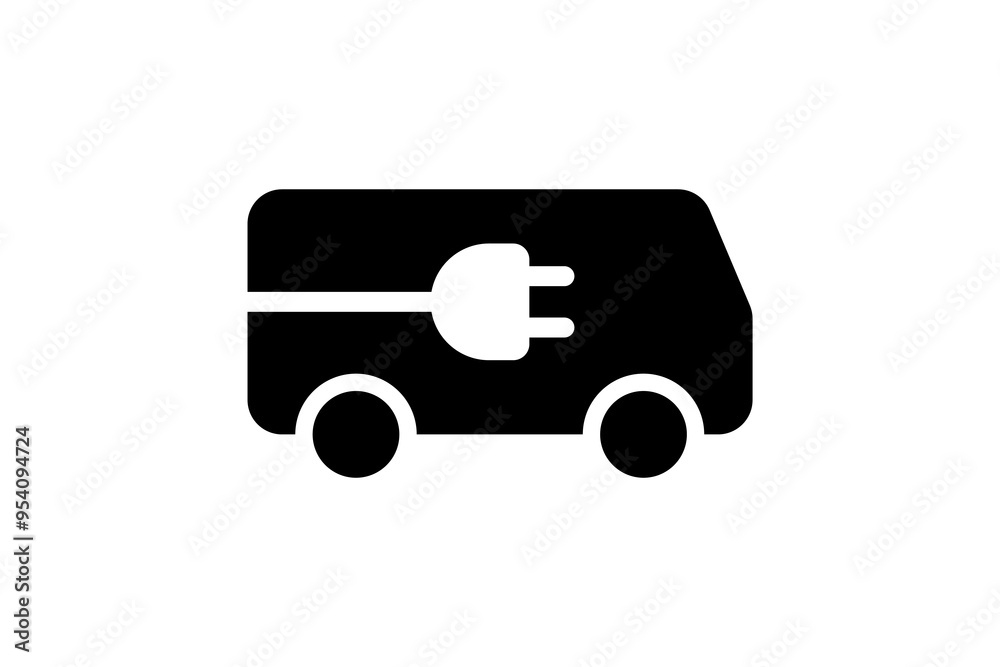 Electric bus black icon. Green electrical e-bus silhouette and plug charging station symbol. Eco friendly electro vehicle sign concept. Vector battery powered EV transportation eps logotype