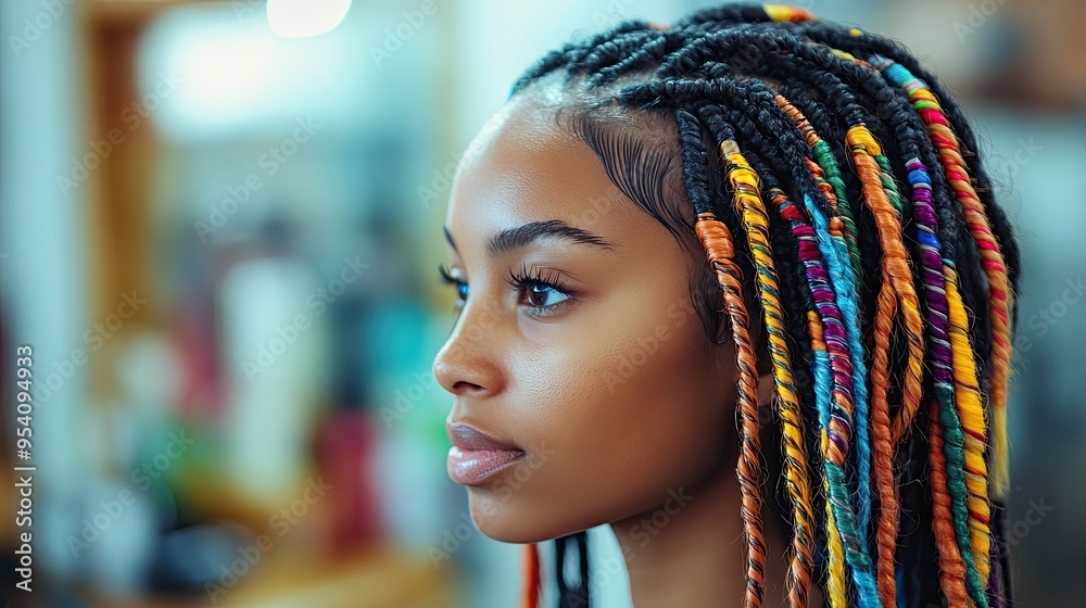 Close-Up of Woman Braiding colorful Dreadlocks Close-Up of Woman Braiding colorful Dreadlocks