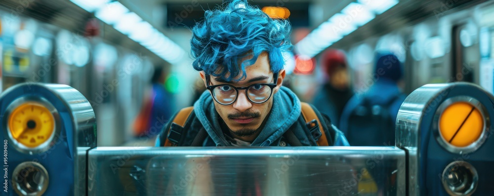 A young man with vibrant blue hair wearing a yellow jacket, entering a bustling subway station turnstile. A young man with vibrant blue hair wearing a yellow jacket, entering a bustling subway station turnstile.