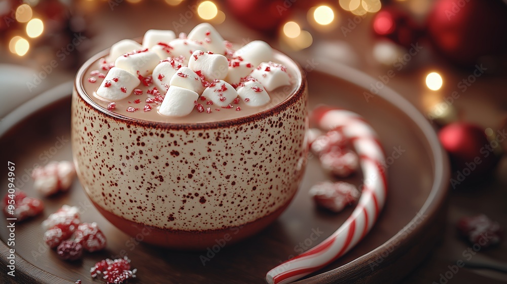 Festive Mug of Hot Chocolate with Marshmallows and Peppermint Candy Canes on a Holiday Tray, Surrounded by Soft Twinkling Christmas Lights in a Cozy, Joyful Atmosphere Festive Mug of Hot Chocolate with Marshmallows and Peppermint Candy Canes on a Holiday Tray, Surrounded by Soft Twinkling Christmas Lights in a Cozy, Joyful Atmosphere
