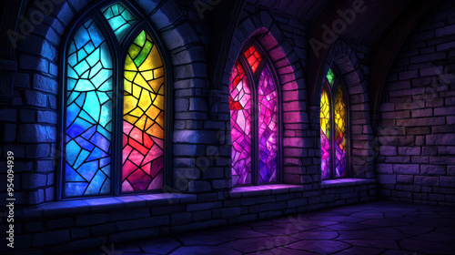 Glowing stained glass windows in a dark cathedral  capturing the light in vibrant colors  sacred glowtime  spiritual and majestic