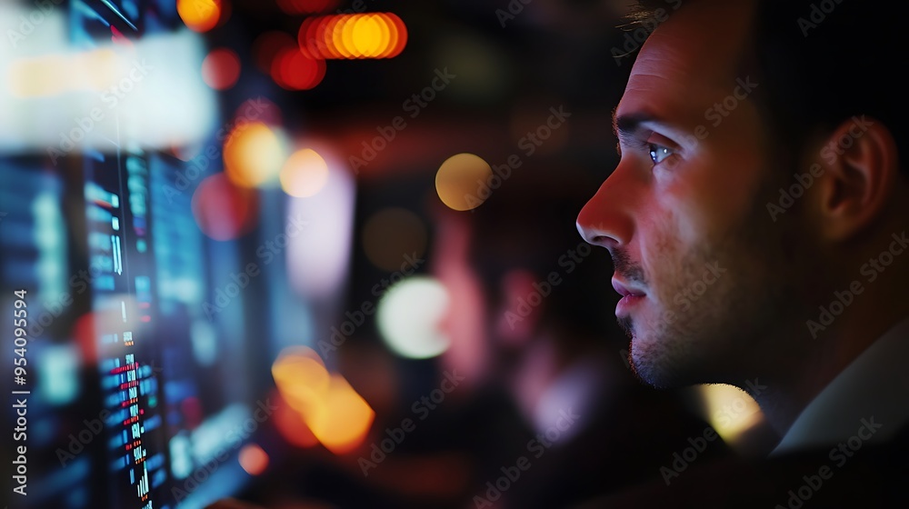 Fototapeta premium Man Focused on Computer Screen in a Dark Office