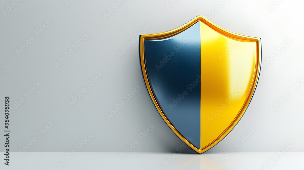 Shield depicting protection. shield 3d icon. Protection, defense and security concept symbol: yellow and blue shield on isolated on white background Shield depicting protection. shield 3d icon. Protection, defense and security concept symbol: yellow and blue shield on isolated on white background