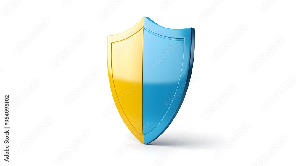 Shield depicting protection. shield 3d icon. Protection, defense and security concept symbol: yellow and blue shield on isolated on white background Shield depicting protection. shield 3d icon. Protection, defense and security concept symbol: yellow and blue shield on isolated on white background