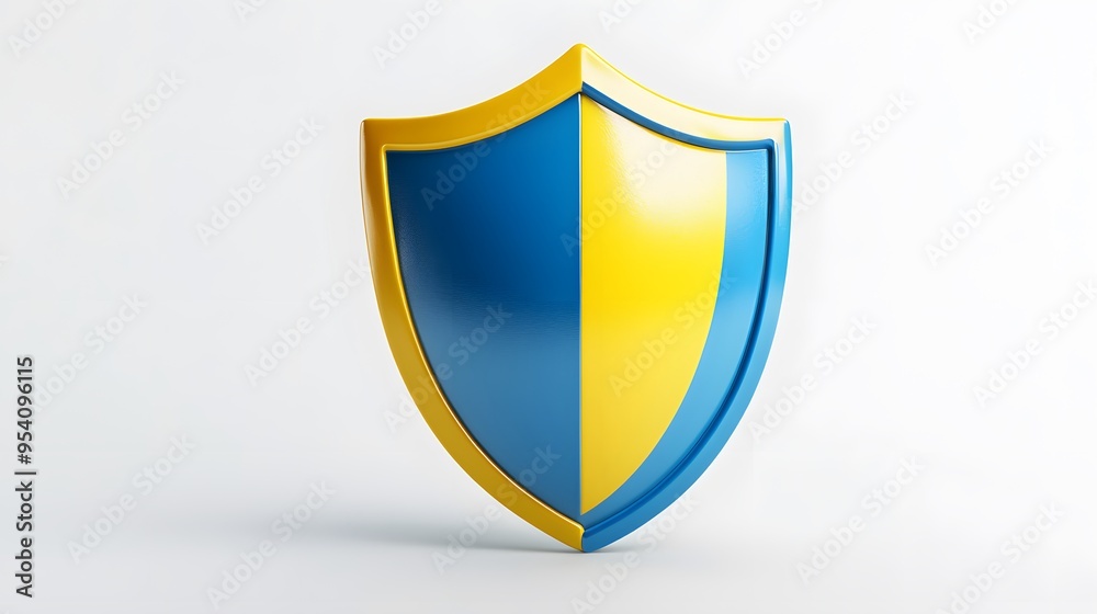 Shield depicting protection. shield 3d icon. Protection, defense and security concept symbol: yellow and blue shield on isolated on white background Shield depicting protection. shield 3d icon. Protection, defense and security concept symbol: yellow and blue shield on isolated on white background