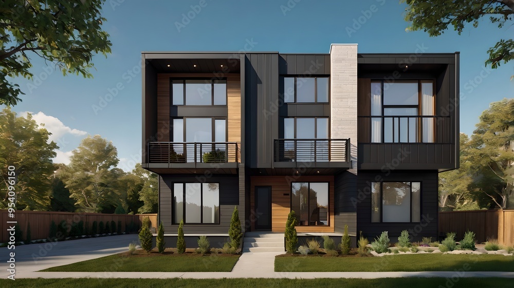 modern house in the park, Modern modular private townhouses with brick and black walls. Residential architecture exterior. Created with generative Ai modern house in the park, Modern modular private townhouses with brick and black walls. Residential architecture exterior. Created with generative Ai