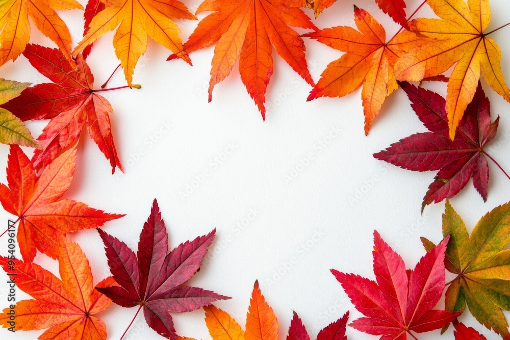 Autumn Maple Leaves Flat Lay White Background created with Generative AI Autumn Maple Leaves Flat Lay White Background created with Generative AI