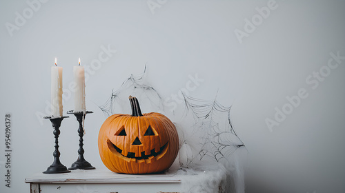 Halloween pumpkins with spider web and candles on white wall background photo