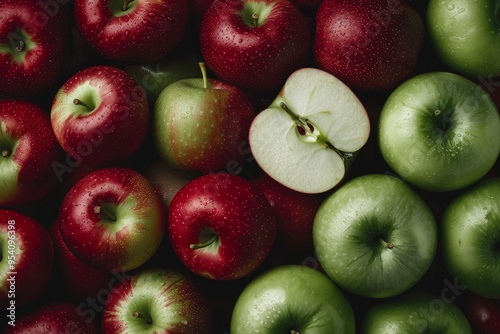 A bunch of apples with one of them cut in half