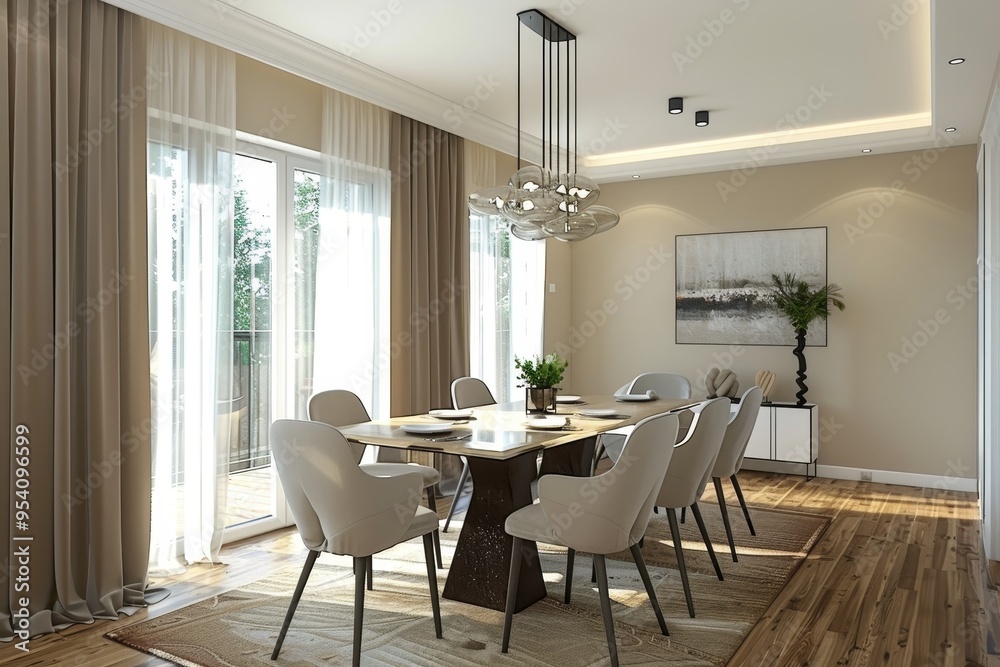 Fototapeta premium A large dining table with white chairs and a chandelier hanging above it