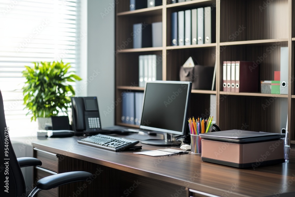 Elegantly Organized Office Desk Polished Dark Wood Soft Light Gray Background Vibrant Supplies Elegantly Organized Office Desk Polished Dark Wood Soft Light Gray Background Vibrant Supplies