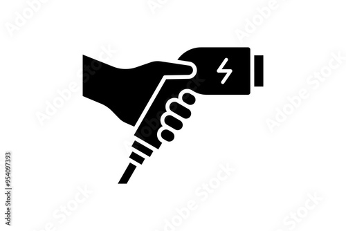 Hand holding electric charger connector black icon. Electrical transportation charging plug symbol. Eco friendly electro vehicle charge sign. Vector eps battery powered EV transport station logotype