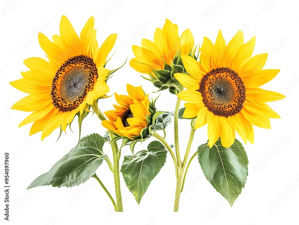 Obraz premium Bright yellow sunflowers in full bloom cut out on white background
