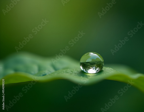 Macro shot of a single water droplet on a green leaf with natural reflection