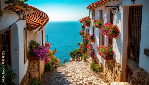 Fototapeta Naklejka Na Ścianę i Meble -  A picturesque coastal village scene with cobblestone streets lined with charming houses featuring
