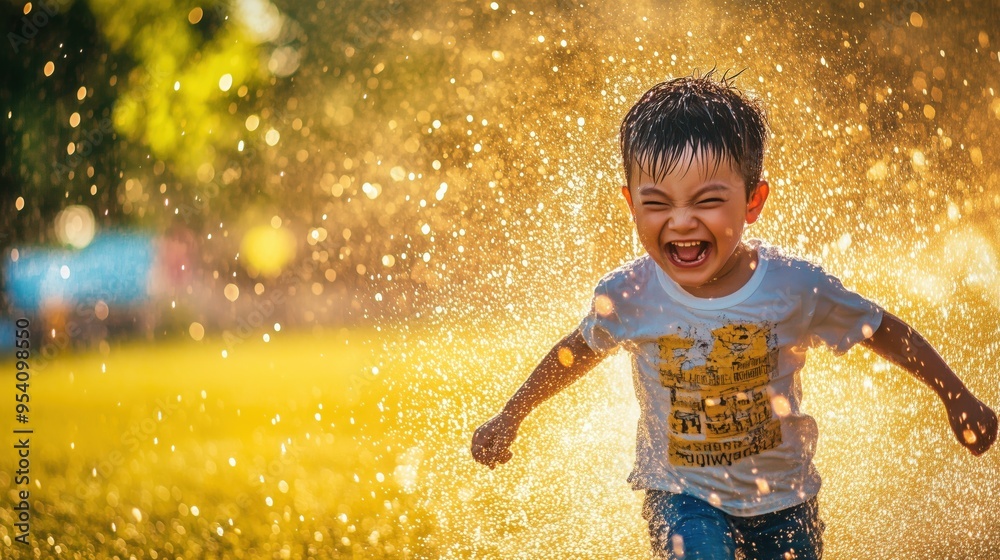 A child running through a sprinkler on a hot summer day, their face lit ...