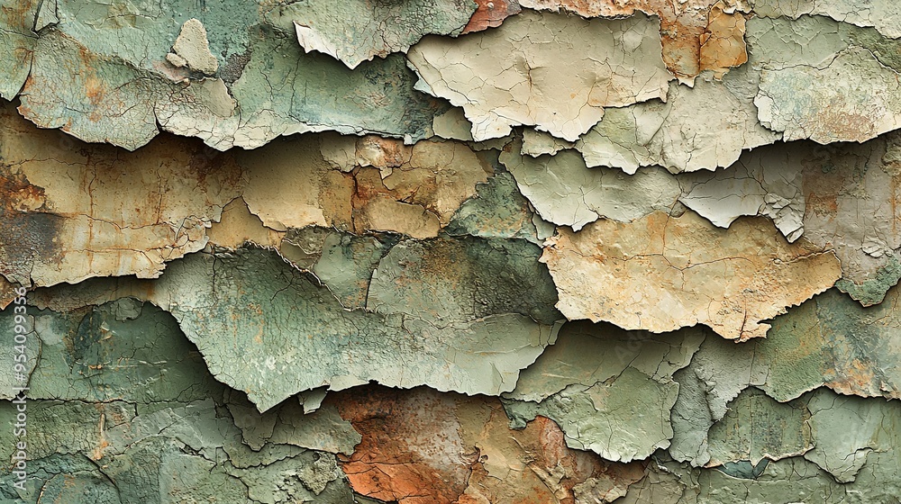 A close-up of the tree's bark, painted in shades of green, brown, and white with peeling paint A close-up of the tree's bark, painted in shades of green, brown, and white with peeling paint