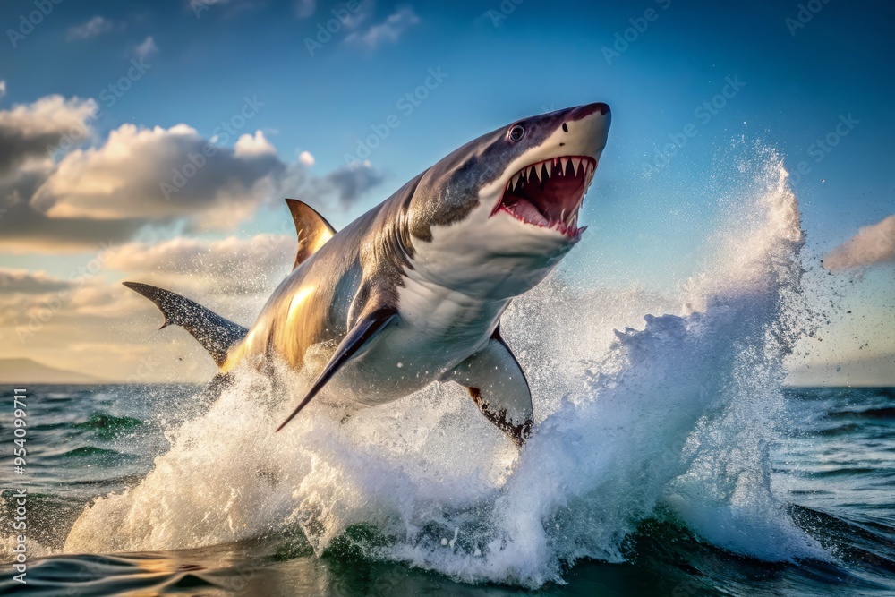 Fototapeta premium Fierce great white shark breaches ocean surface, jaws wide open, revealing razor-sharp teeth, amidst turbulent water