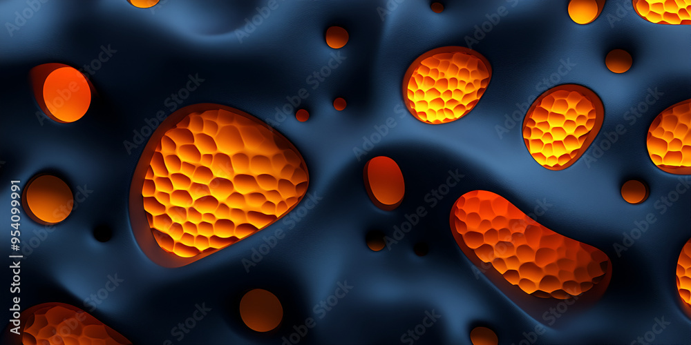 Abstract close-up of textured surface with glowing orange cells on a dark background in a digital art representation Abstract close-up of textured surface with glowing orange cells on a dark background in a digital art representation