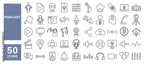 Set of 50 line icons related to podcast, microphone, broadcast, record, audio, video, playlist, live, content, Editable stroke. Vector illustration