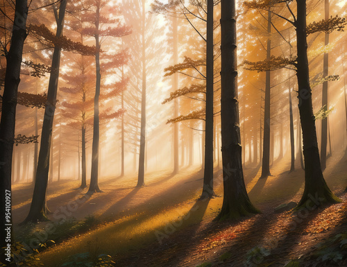 Autumn forest in the early morning, the sun's rays break through the fog through the foliage, dawn in the forest, mixed forest, nature illustration
