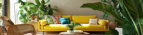 Tropical Plant-Filled Living Room in Brazil with a Vibrant Yellow Couch photo