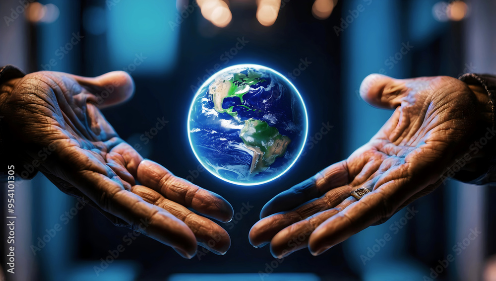 Old wrinkled hands holding planet earth, globe on the palm, eco environment, global connection, background