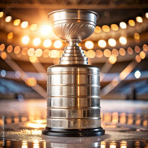 a close-up of the Stanley Cup resting on a polished ice surface photo