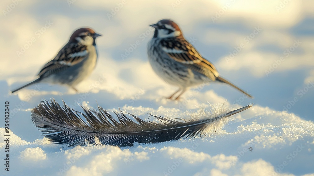 Fototapeta premium A pair of birds perched atop a snowy mound, with a solitary feather resting atop the same pile