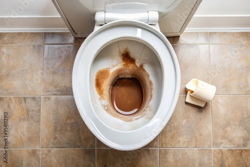 Flushing failure: unwanted brown deposit remains stuck in the toilet bowl, surrounded by water, with a faint toilet photo