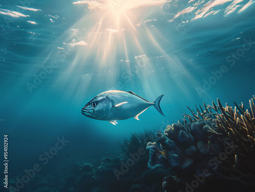 
An Amberjack fish swimming in the clear blue waters of the open ocean, with sunlight piercing through the water and a coral reef in the distance, cinematic style, Compositing Core, 8k, detailed,